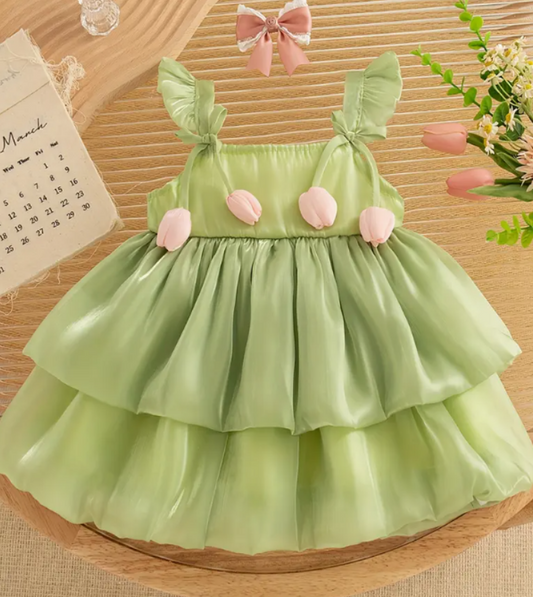 Vestido Tulipanes Satín Verde olivo