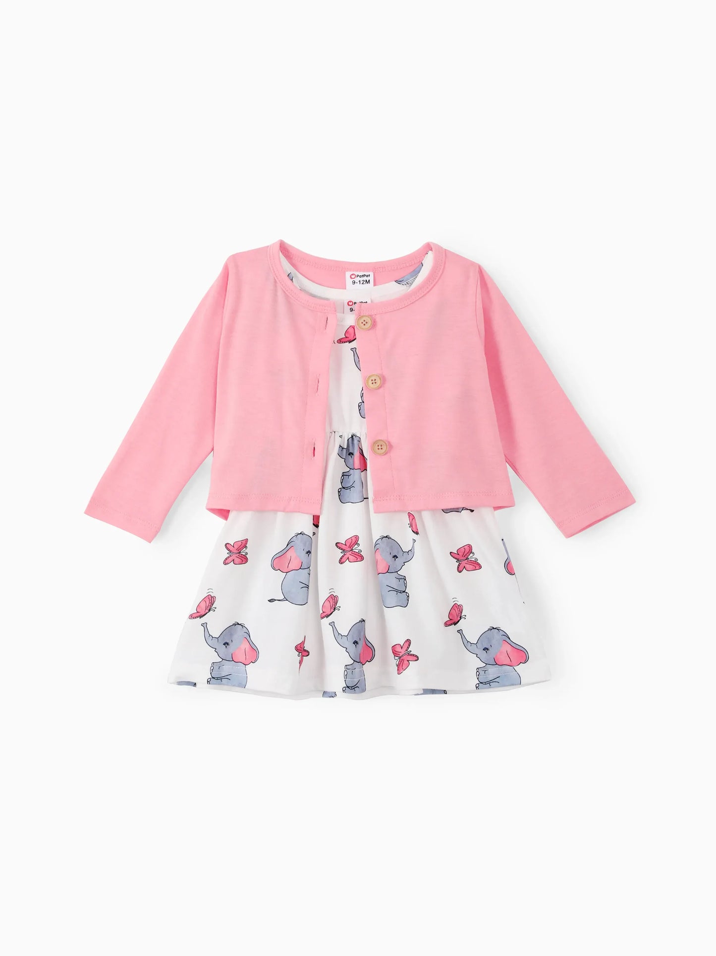 Conjunto 2 Piezas Bebé Niña | Cárdigan Rosa + Vestido Estampado Elefante y Mariposa