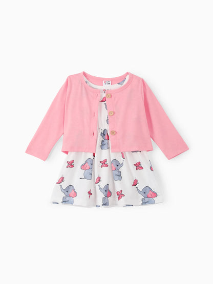 Conjunto 2 Piezas Bebé Niña | Cárdigan Rosa + Vestido Estampado Elefante y Mariposa