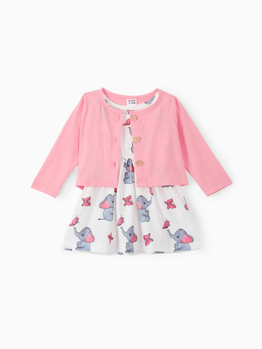 Conjunto 2 Piezas Bebé Niña | Cárdigan Rosa + Vestido Estampado Elefante y Mariposa