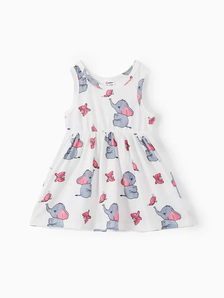 Conjunto 2 Piezas Bebé Niña | Cárdigan Rosa + Vestido Estampado Elefante y Mariposa