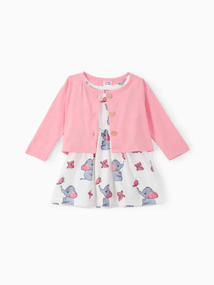 Conjunto 2 Piezas Bebé Niña | Cárdigan Rosa + Vestido Estampado Elefante y Mariposa